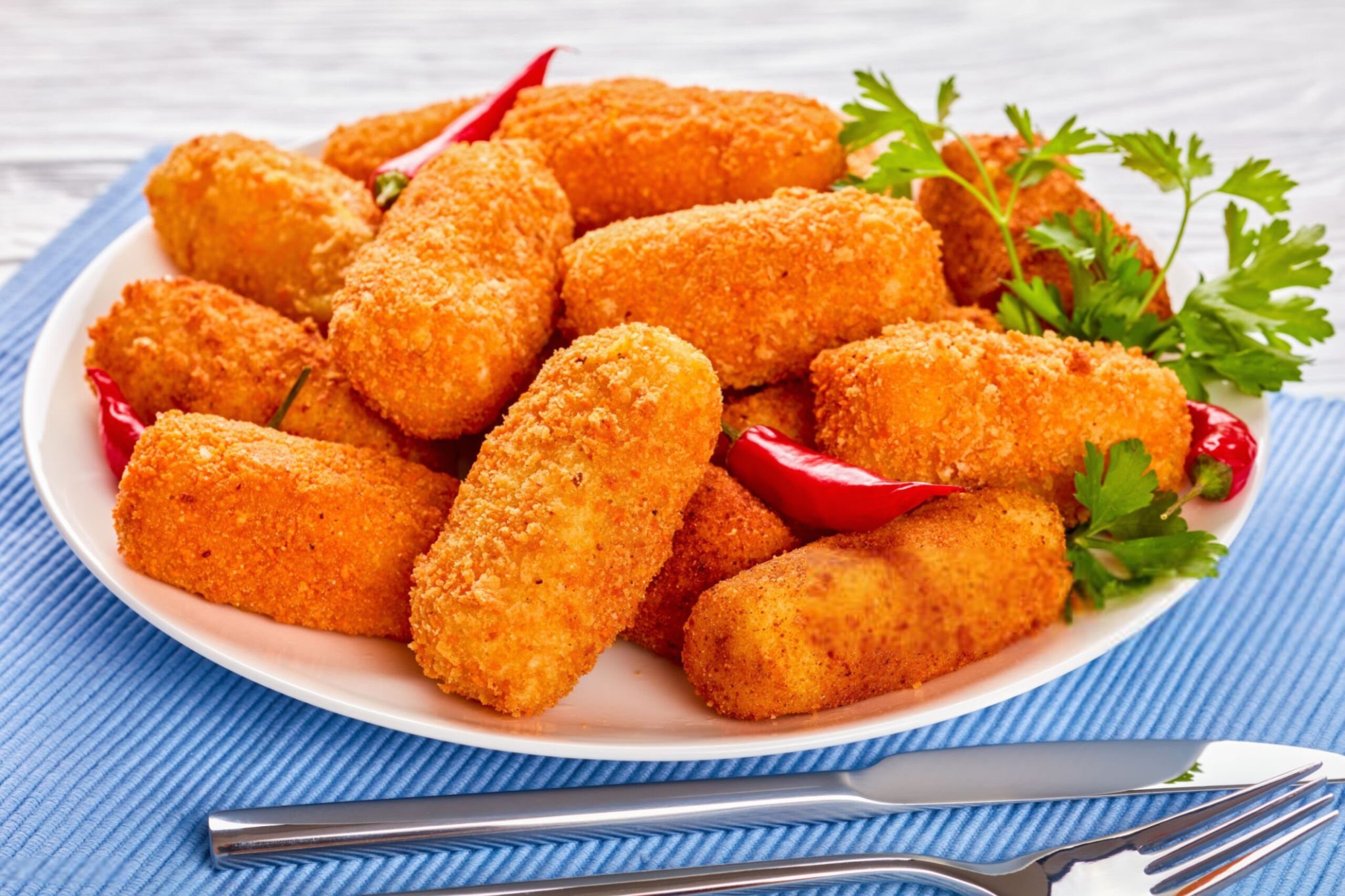 Gebakken gouden bruin aardappelkroketten, close-up